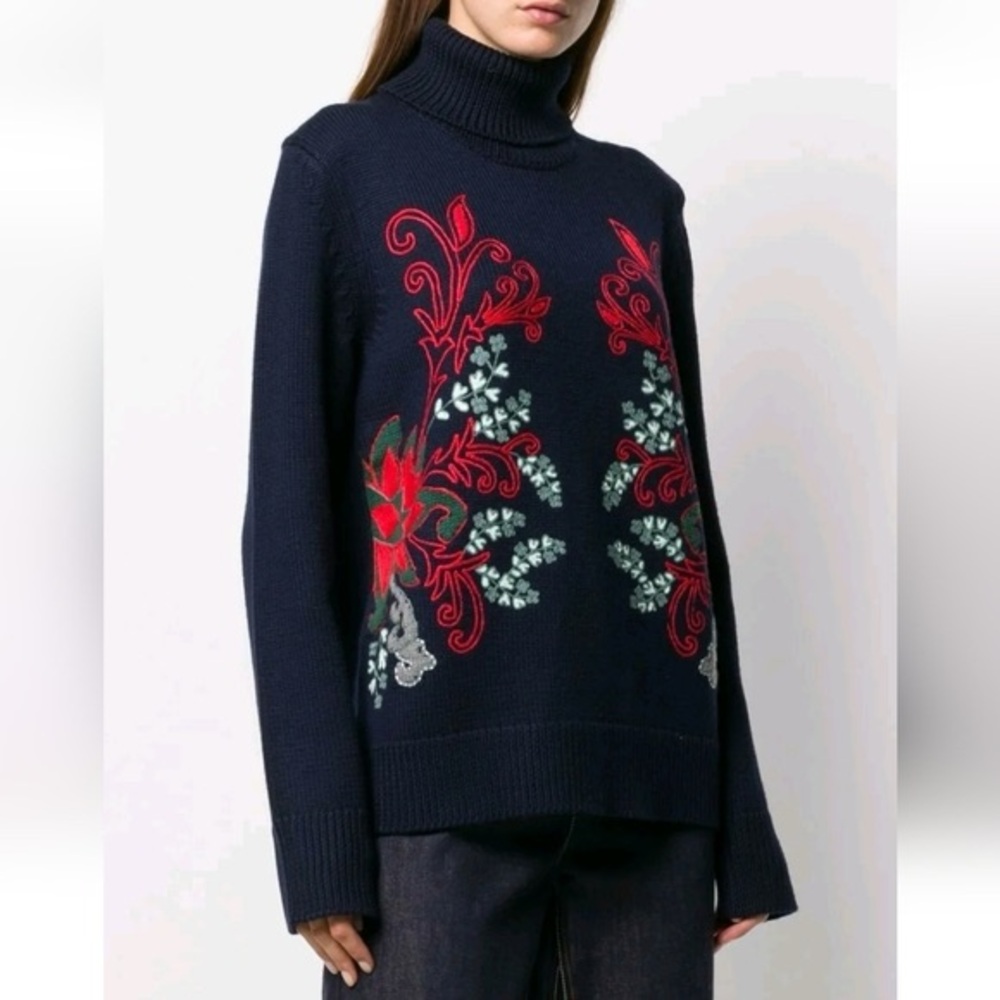 NWOT Tory Burch Jacquard Embroidered Turtleneck Wool Sweater Floral Navy Blue S